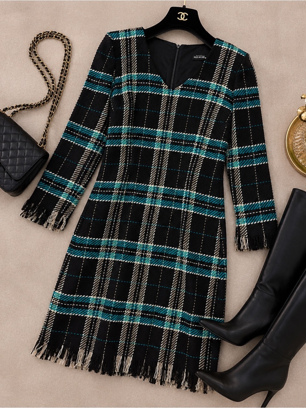 Nathalie Chaize Tartan Tweed Fringe Dress Size 6 French Designer